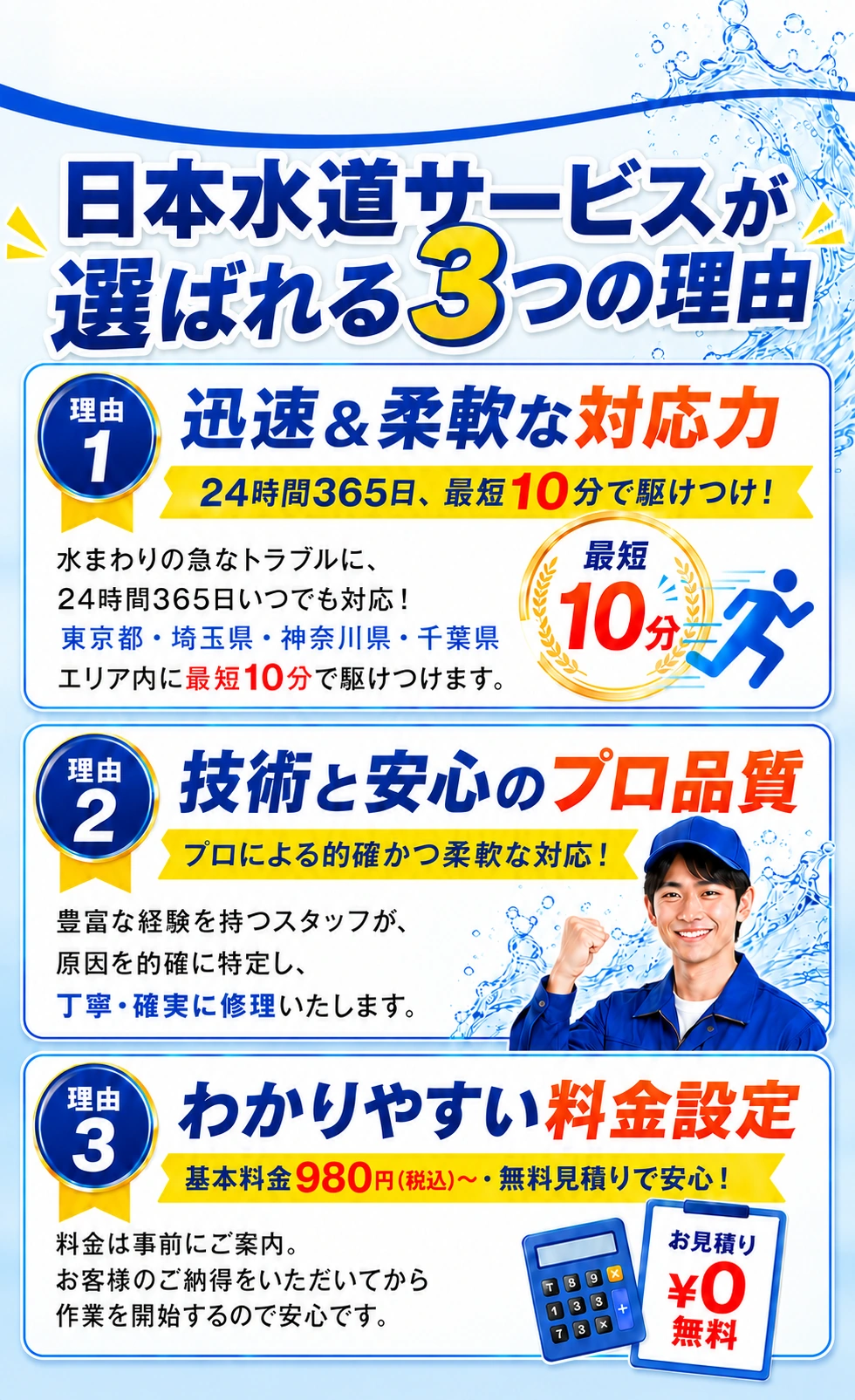日本水道サービスが選ばれる3つの理由。1：迅速で柔軟な対応力。東京都・埼玉県・神奈川県・千葉県に対応。2：技術と安心のプロ品質。3：わかりやすい料金設定。料金は事前にご案内し、ご納得いただいてから作業を開始します。